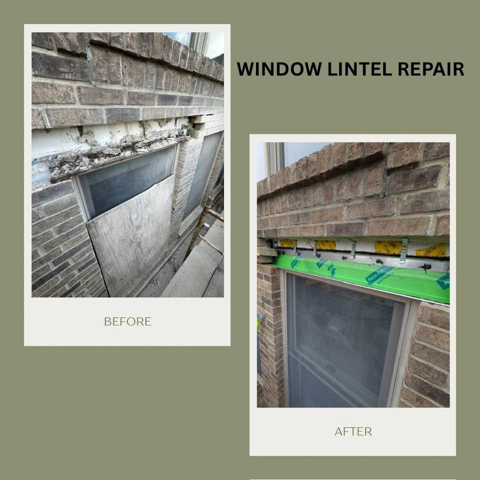 Before and after window lintel repair on a brick home in Fenton, MI Before and after window lintel repair on a brick home in Fenton, MI